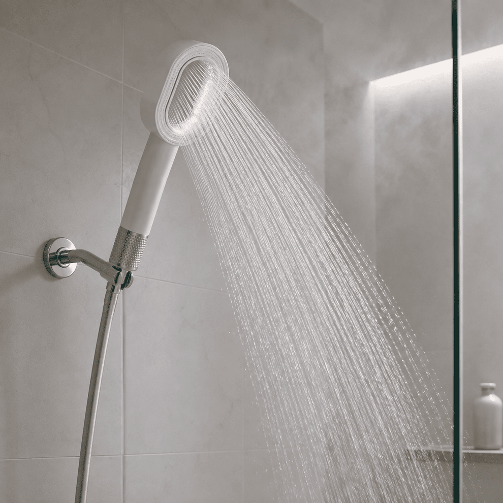Filtered shower head installed and running in a modern shower.