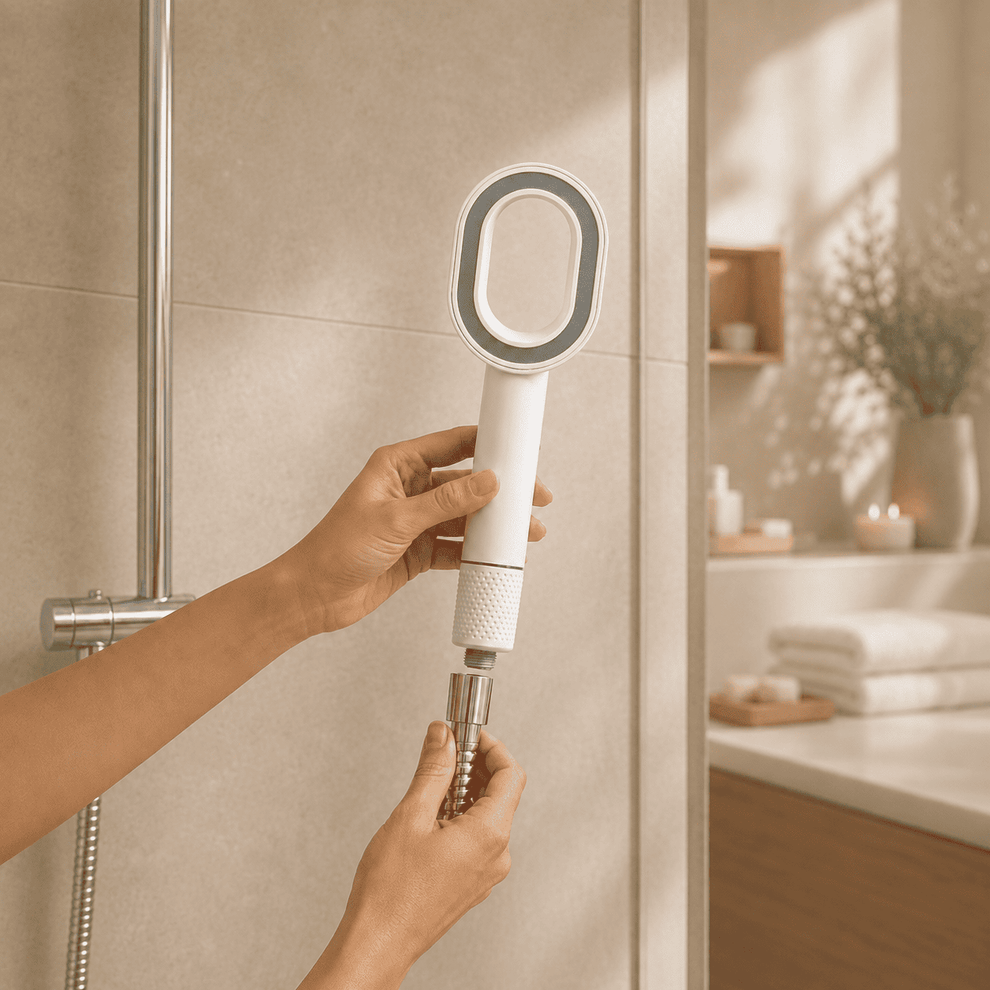 A hand installing the filtered shower head onto a standard shower arm.