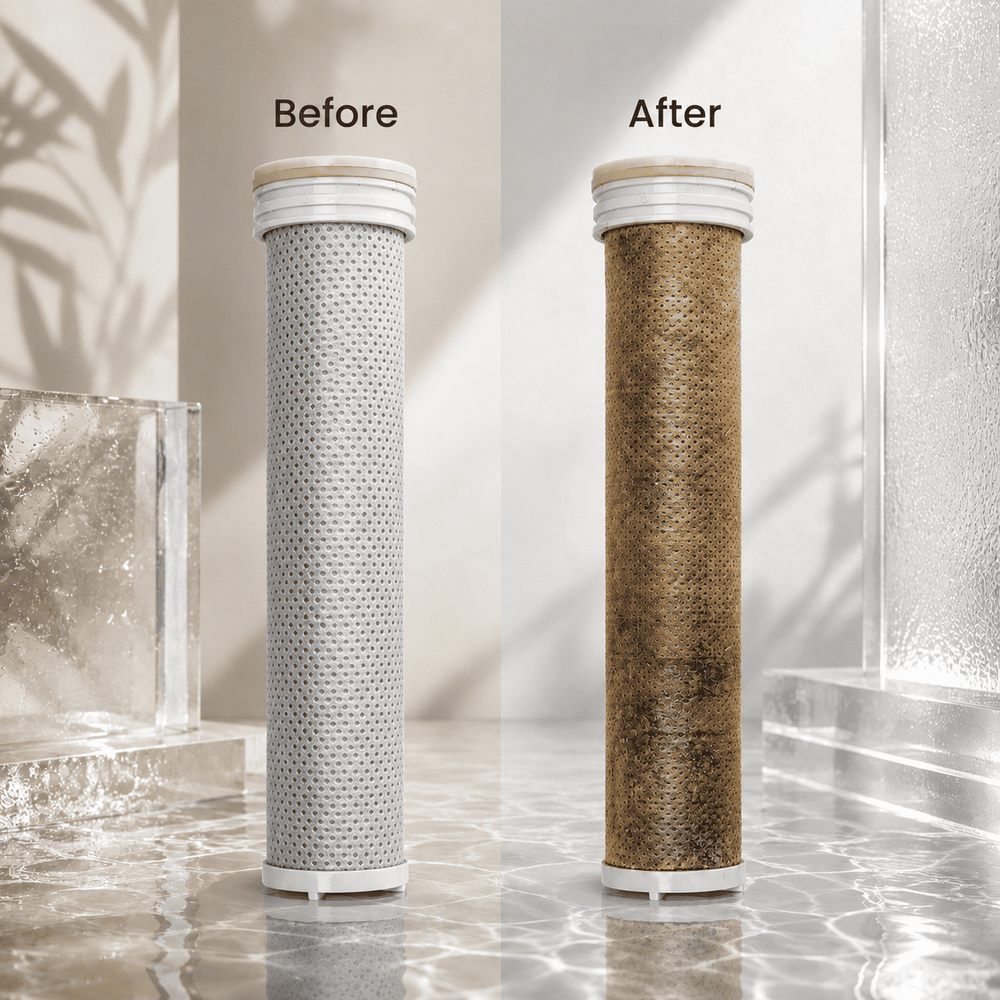A fresh activated carbon shower filter cartridge next to a cartridge after 90 days of use.